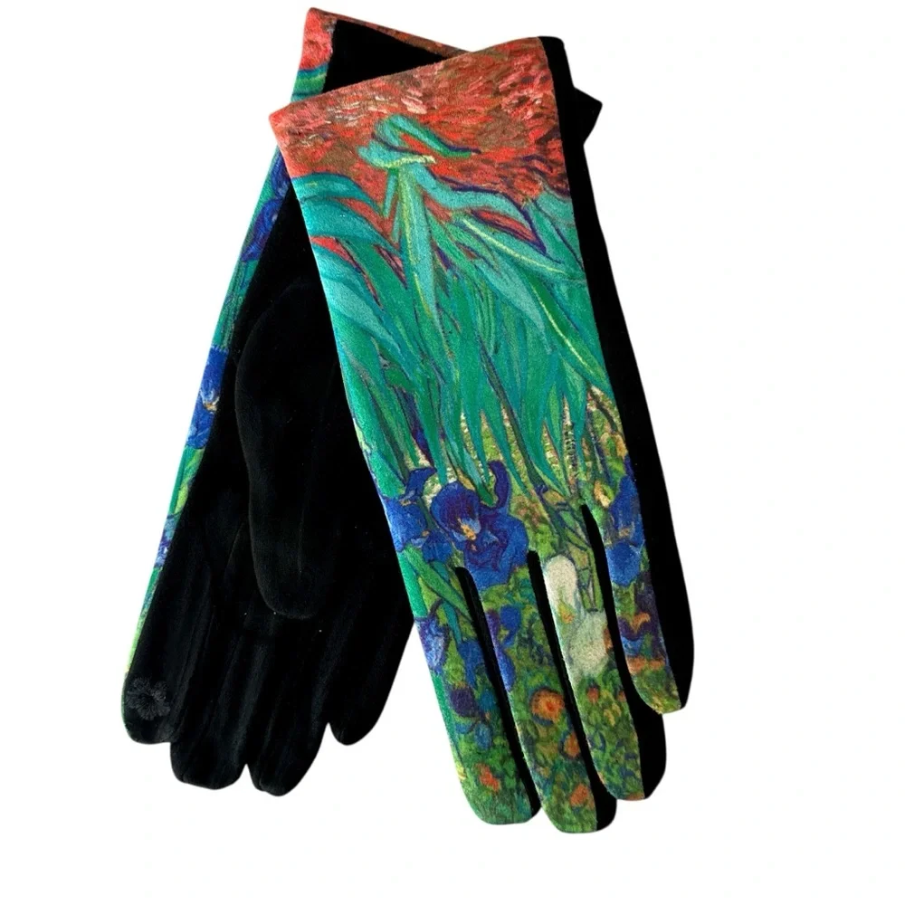 Micro Suede Gloves Van Gogh Iris Inspired Touchscreen Index Finger New